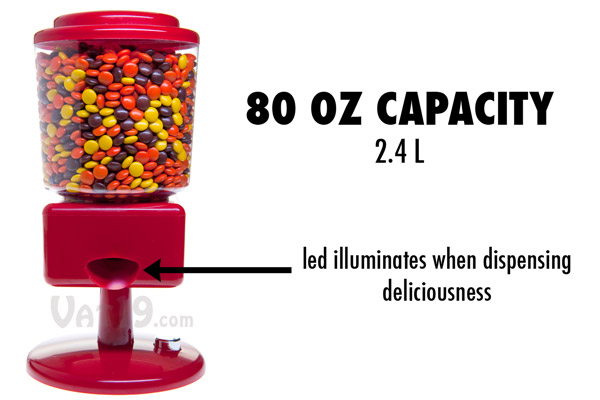 The Candy Wizard Automatic Candy Dispenser features an 80 ounce capacity as well as light-up dispenser area.