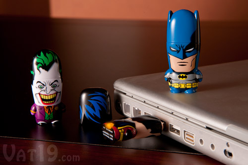 The DC Comic Mimobot flash drive line features Batman, Robin, and Joker USB drives.