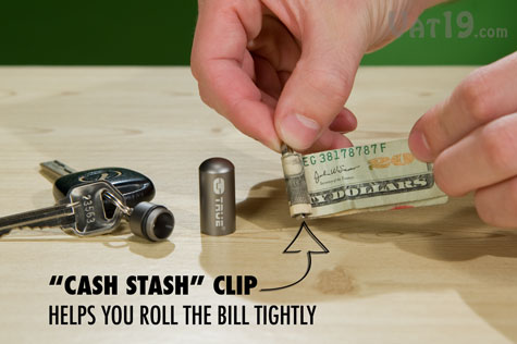 The emergency Cash Stash capsule includes a brass clip to help roll the bill tightly.