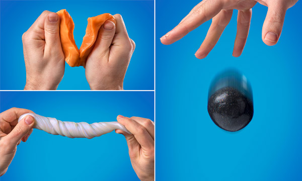 Hands tearing, twisting, and bouncing putty