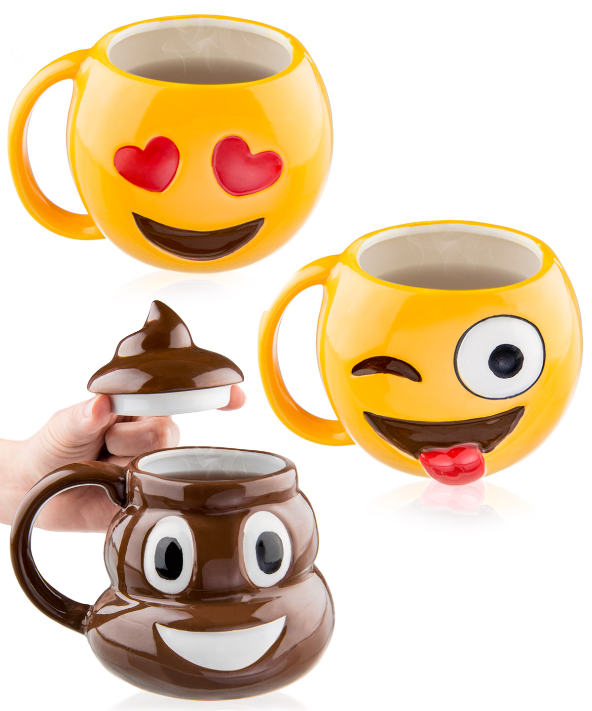 EmoGees Coffee Mugs Drinkware modeled after classic texting emojis.
