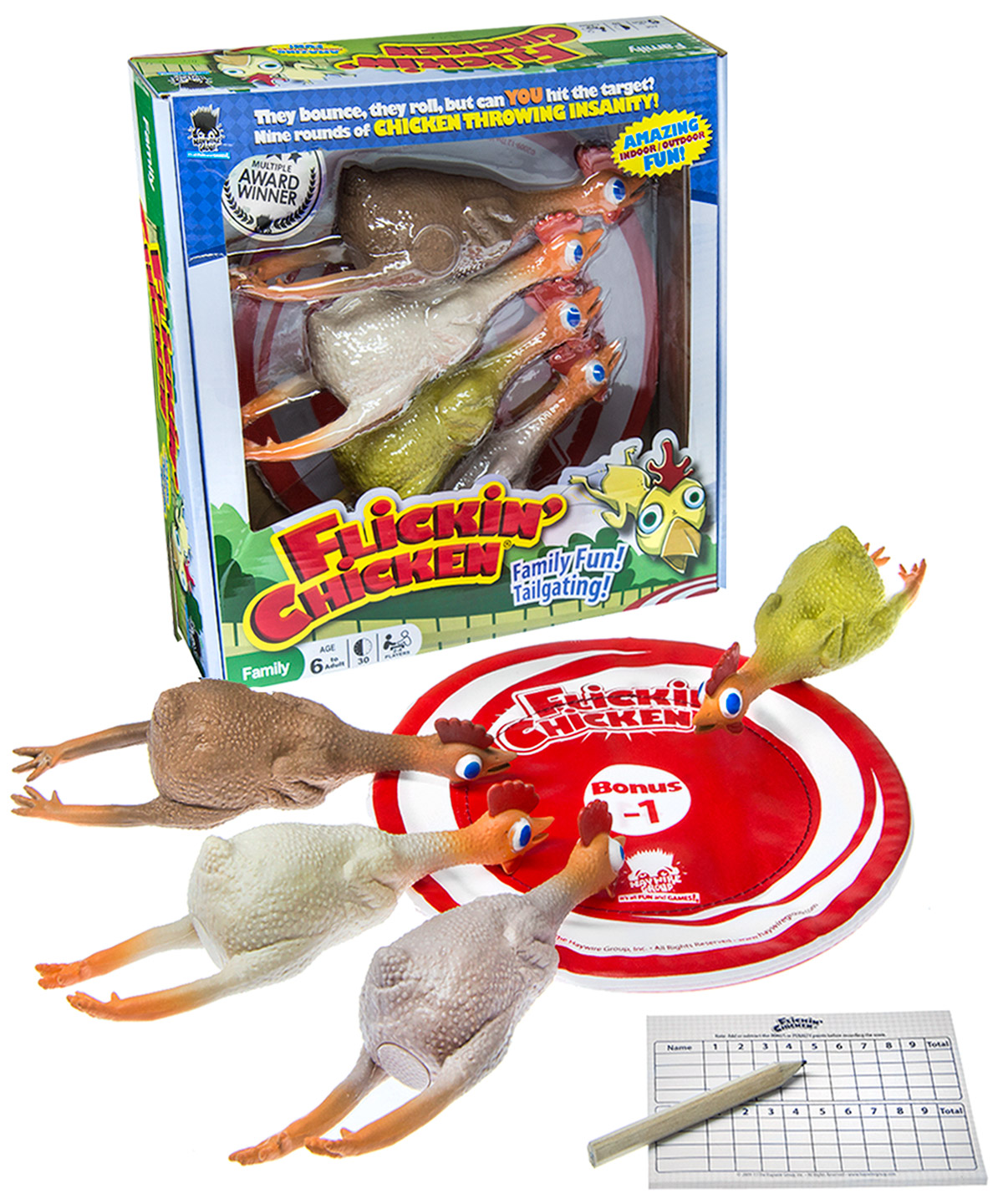 Flickin' Chicken Indoor/outdoor rubber chicken tossing game.