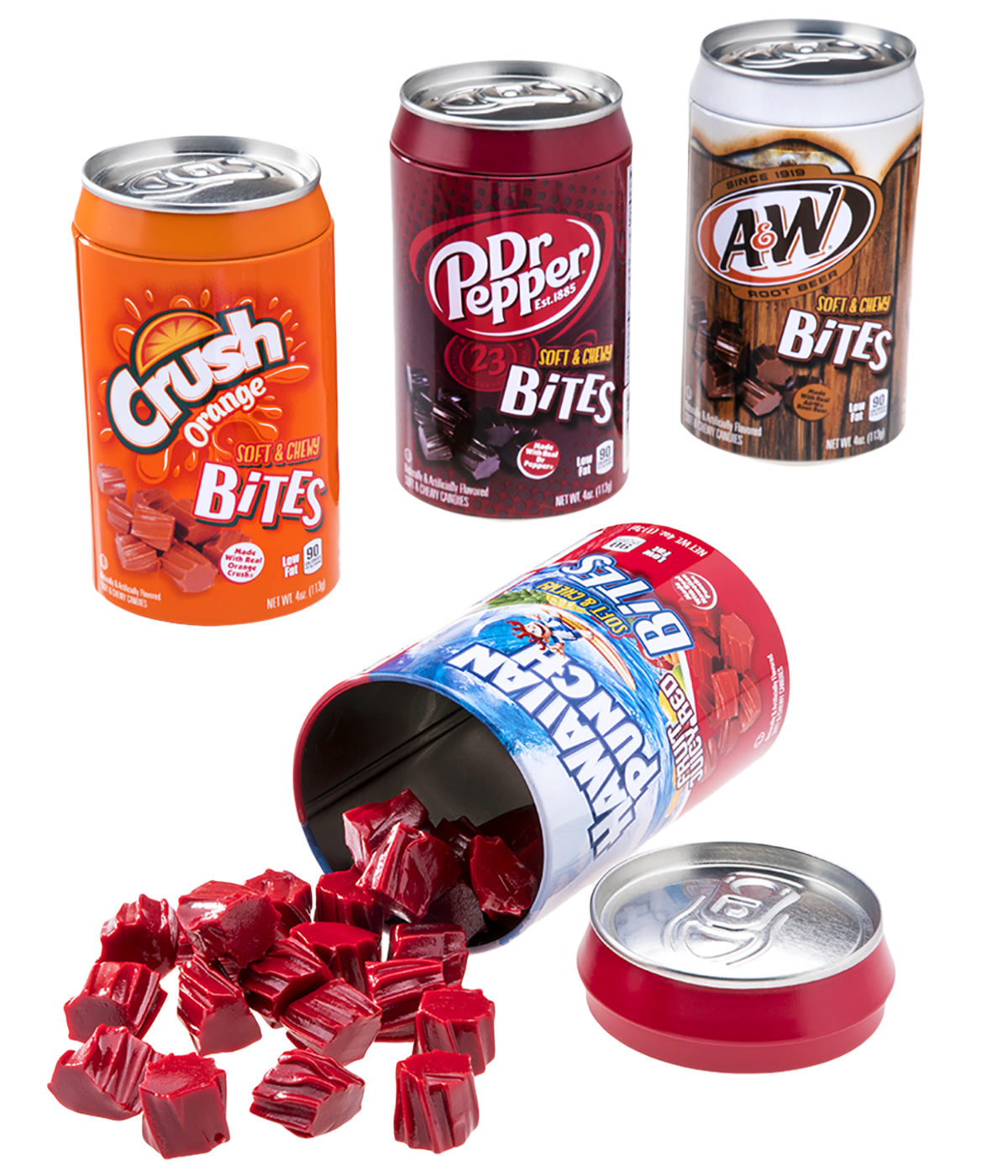 Licorice Bites in a Can Classic drink flavors in soft candy pieces.