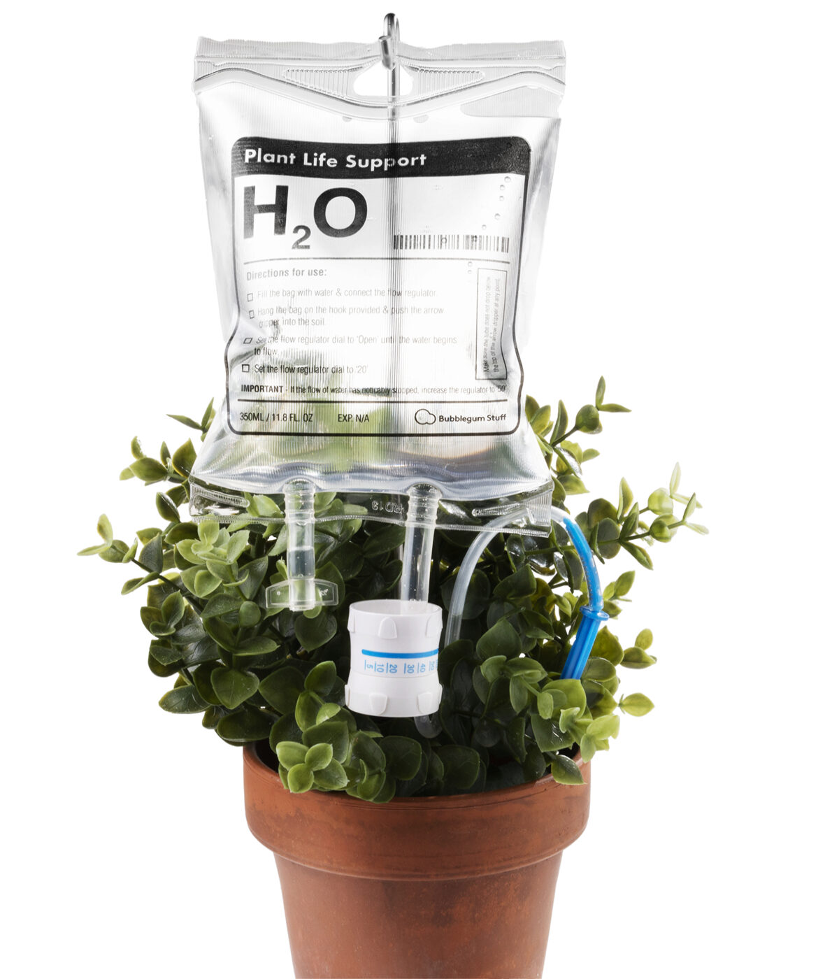 Plant Life Support Automatic plant waterer styled like an IV bag.