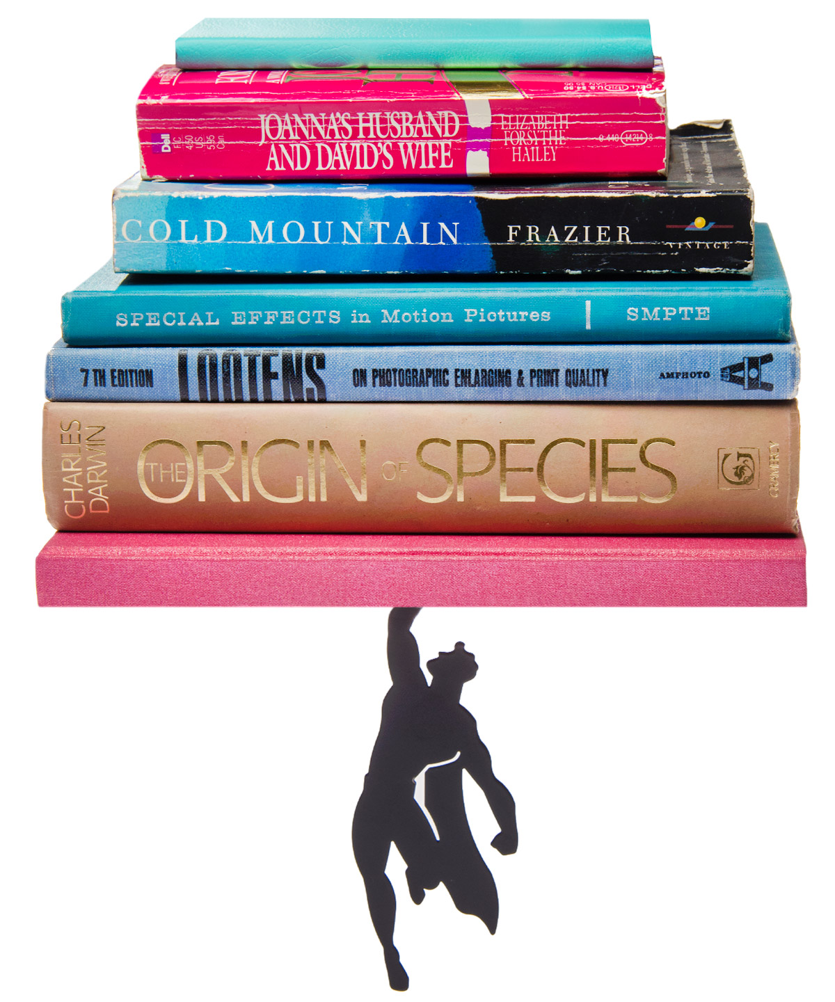 Supershelf Floating Bookshelf Book shelf seemingly held up by a superhero