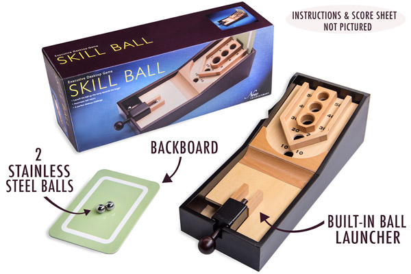 Skill Ball includes a built-in ball launcher, two stainless steel balls, a backboard, instructions, and a score sheet