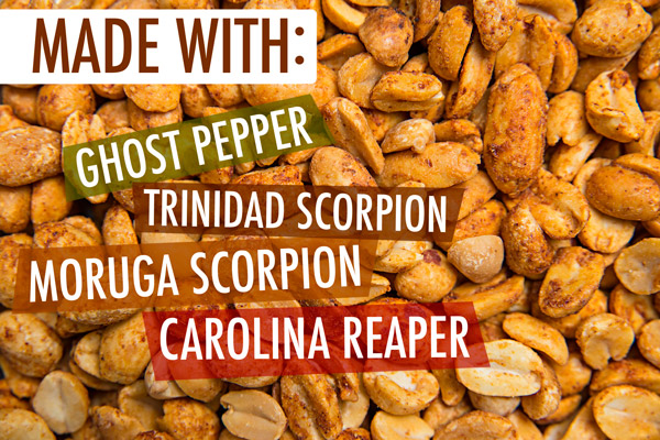 Peanuts contain Carolina Reaper, Ghost Pepper, Trinidad Scorpion, and Moruga Scorpion