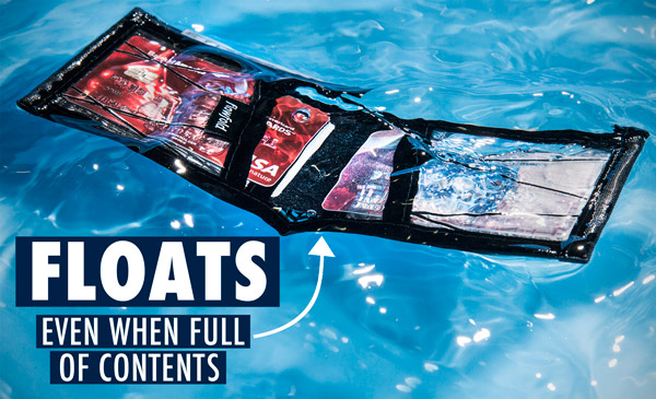 Recycled Sailcloth Wallets float even when filled with contents.