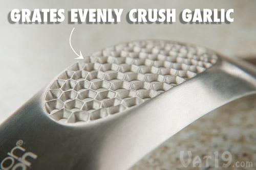 The grates on the bottom of the Garlic Rocker evenly crush your garlic.