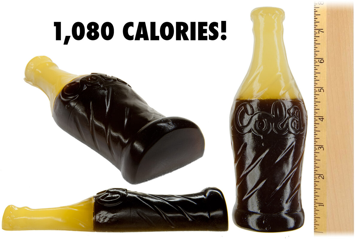 Giant Gummy Cola Bottle packs 1080 calories.