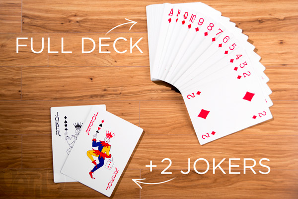 This deck of huge playing cards includes all 52 cards plus 2 jokers.