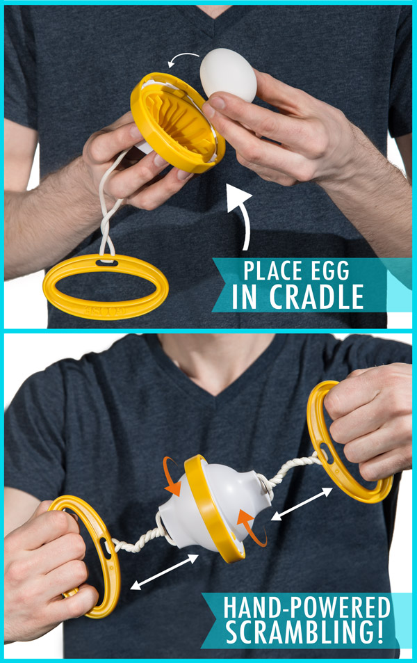 An egg rests in the cradle while hands spin the goose