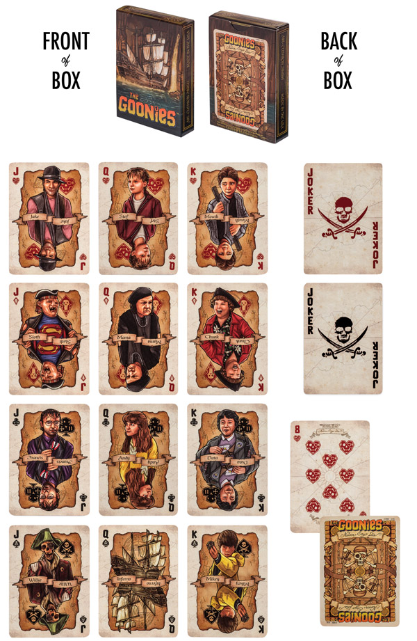 The Goonies face cards feature illustrated portraits of the movie's characters.