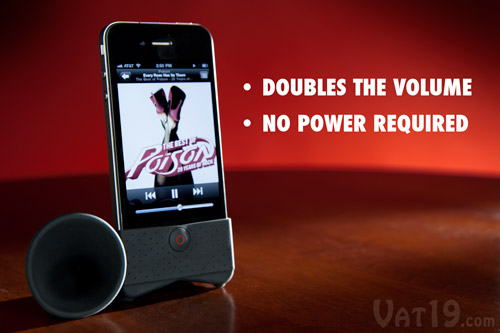 The iPhone Horn Stand amplifies your speakers by a factor of 2.4