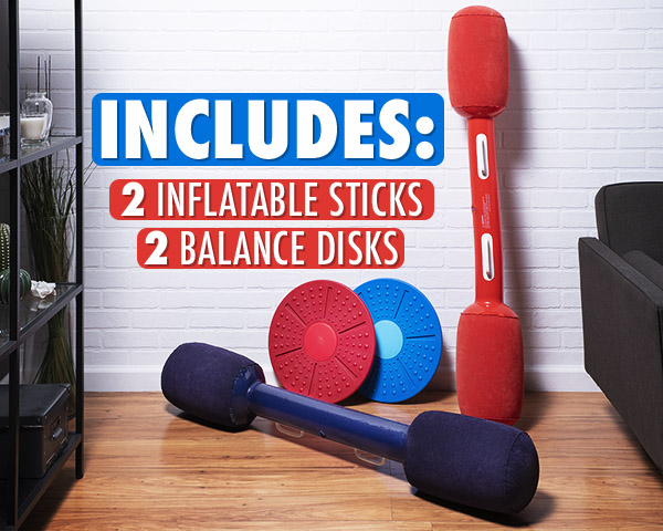 Two color-coded balance discs and pugil sticks