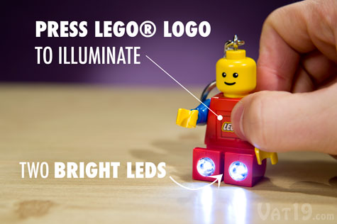 The Official LEGO® Keychain Flashlight features two bright LEDs in the LEGO® man's feet.