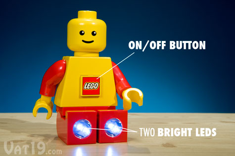 The LEGO Torch Flashlight features an on/off button and two bright LEDs in its feet.