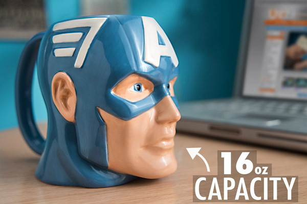 Captain America Mug on a coffee table.