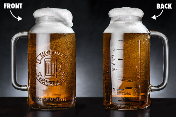 Mason Jar Beer Steins seen from the front and back.