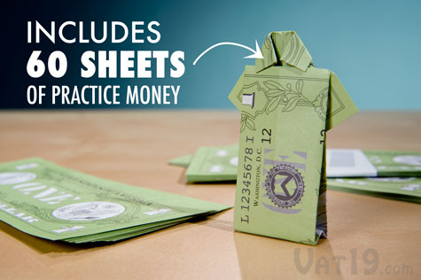 The Money Origami Set includes 60 fake dollar bills so you can practice your money folding techniques before using the real thing.