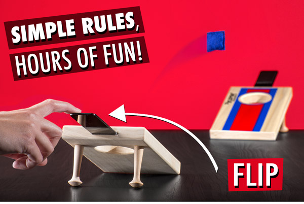 Simple rules for hours of fun: flip on the board for 1 point and in the hole for 3 points; first to 21 wins!