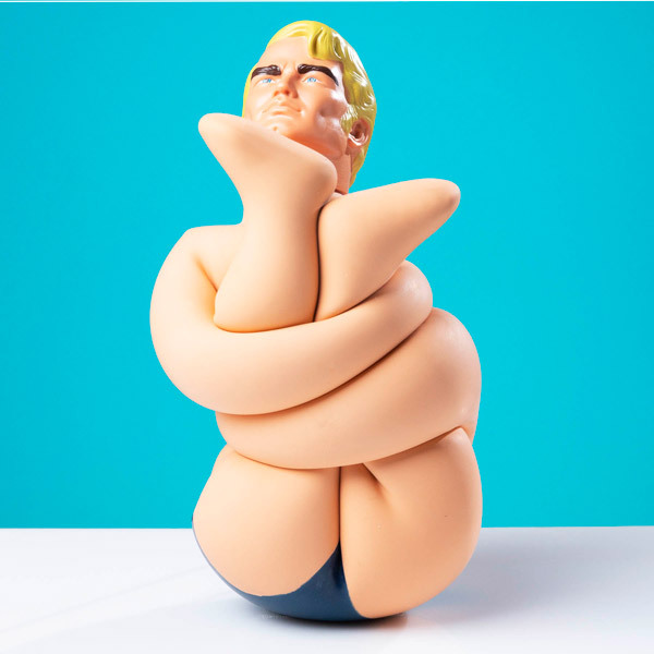 Three images of Stretch Armstrong stretched, twisted, and tied