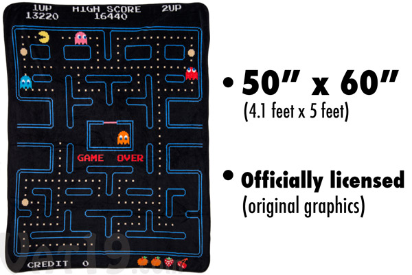 Officially licensed Pac-Man Blanket measures 60 by 50 inches.