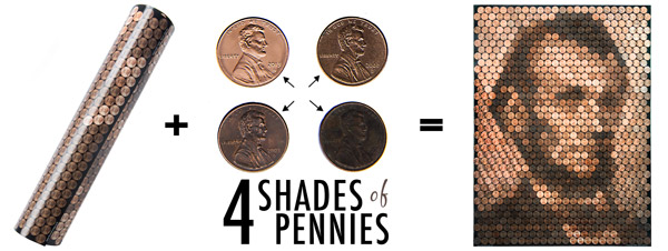 Separate your pennies into 4 distinct shades and apply them to the templated poster to create your Lincoln Penny Portrait.