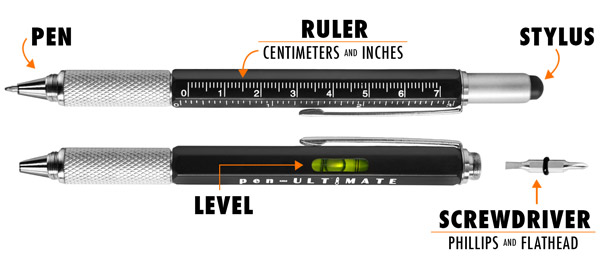 Ballpoint pen, screwdrivers, rulers, bubble level and stylus at work.