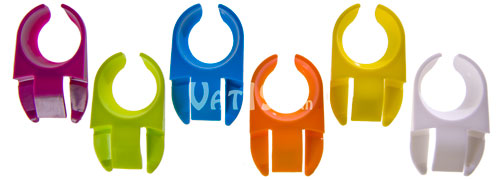 Party Plate Clips come in a set of six in the colors displayed: purple, green, blue, orange, yellow, and white.