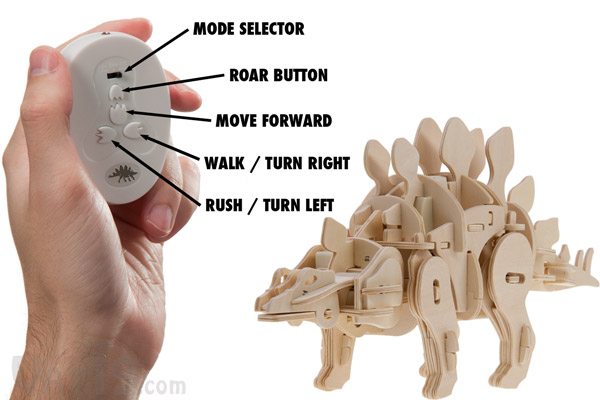 Use the included remote control to direct the actions of your wooden dinosaur.