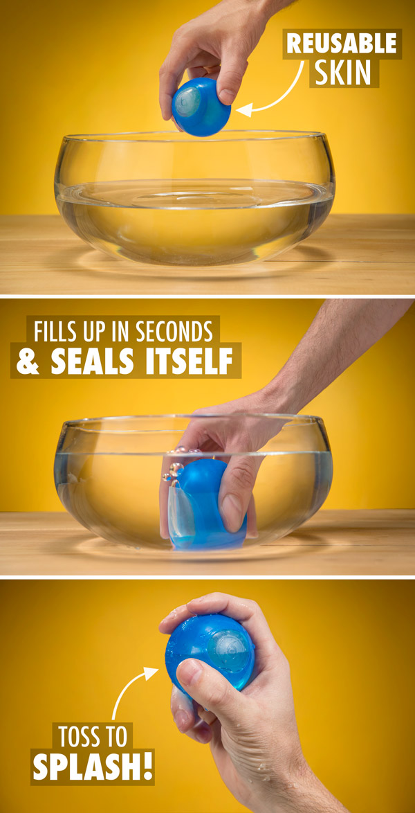 Water easily fills Reusable Water Bombs when dunked.