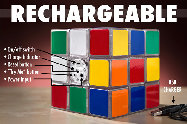 The Rubik's Cube Light is recharged via its included USB cable.