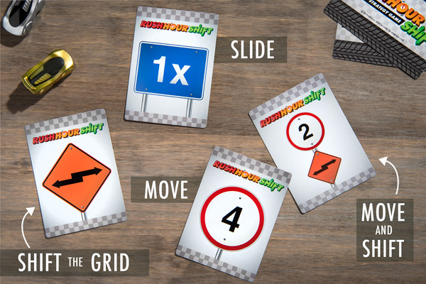 Rush Hour Shift cards include Move, Shift the Grid, Slide, and Move & Shift.