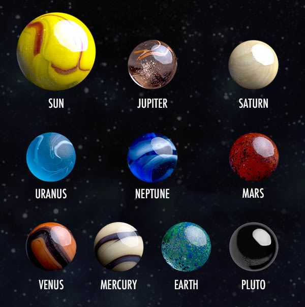 Solar System Marble Set Collectible set of solar objects formed in glass.