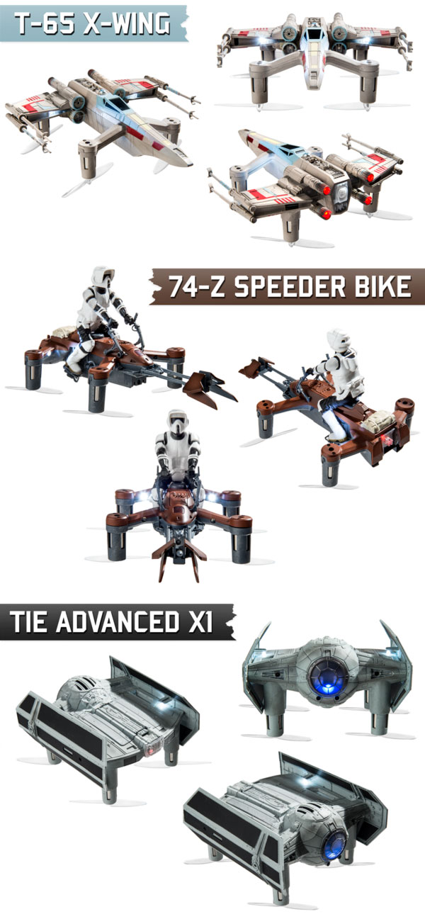 composite image of Advanced TIE, X-Wing, and Speeder Bike quads displaying their detail