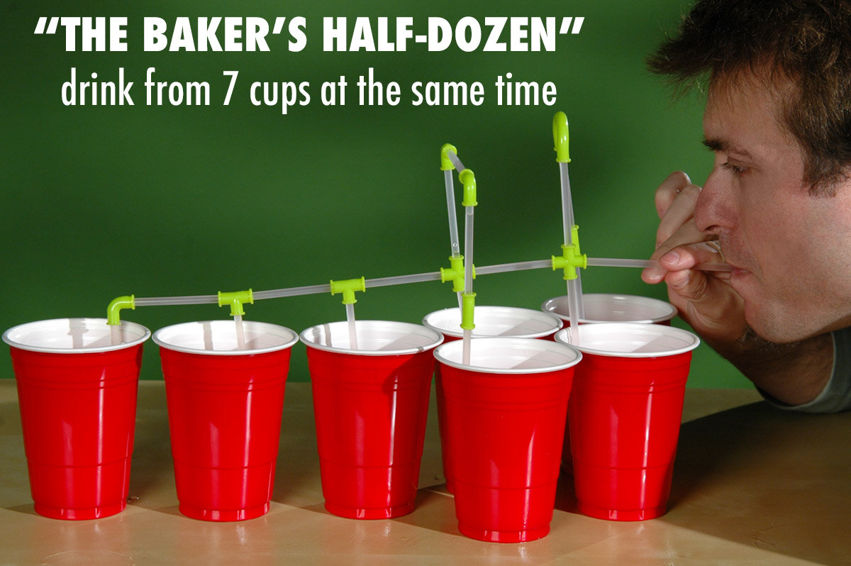Using Strawz Connectible DIY Straws to drink from 7 cups at one time
