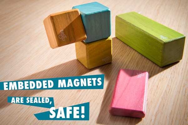 Close-up view of Tegu Magnetic Blocks on a table.