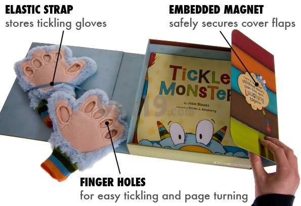 Tickle Monster Laughter Kit includes storage box and tickling gloves.