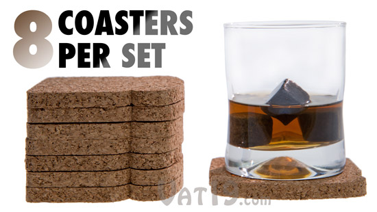 Each set of ToastIt Coasters includes 8 cork coasters.