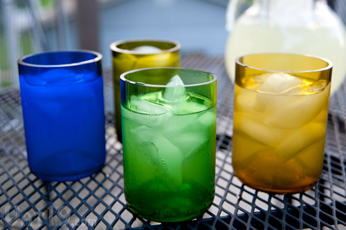 Beautiful drink glasses made from recycled wine bottles.